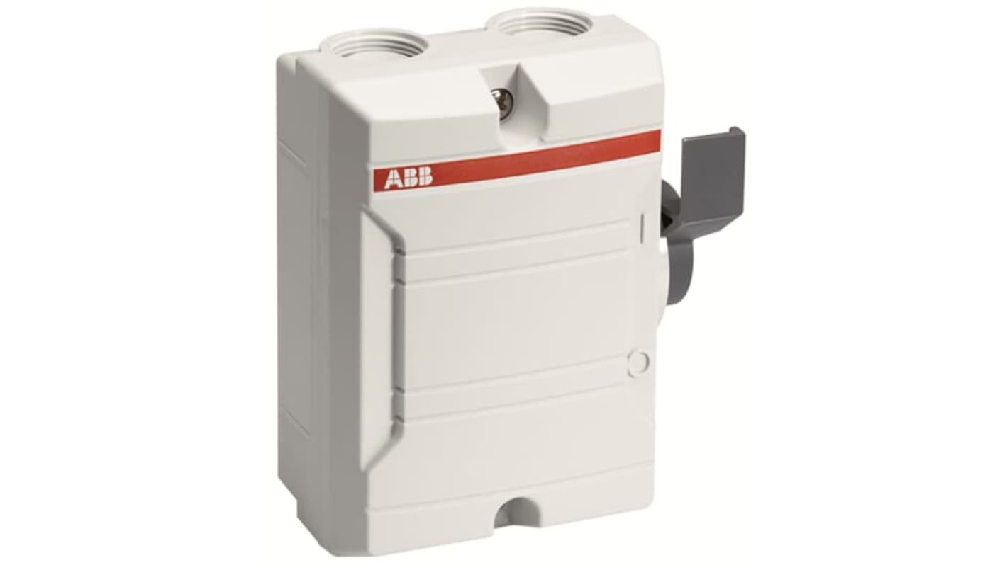 Sezionatore interruttore ABB 2CMA, 2 poli, 25A, montaggio superficiale, grado di protezione IP65, contenitore plastico grigio.