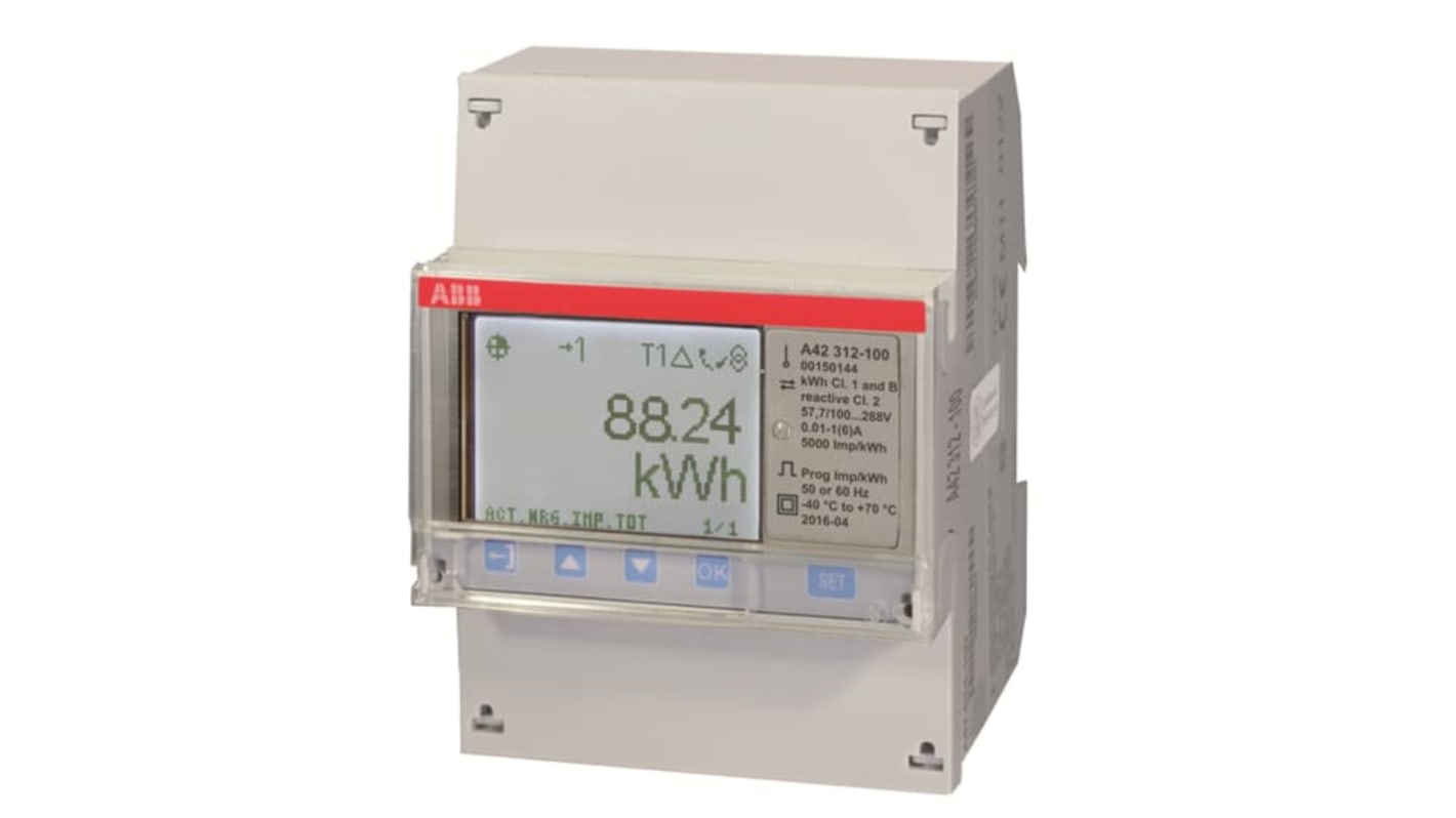 Contatore di energia monofase ABB 2CMA170518R1000 A42 con display LCD, corrente 6 A, installazione su guida DIN, dimensioni 70 x 65 x 26,5 mm.