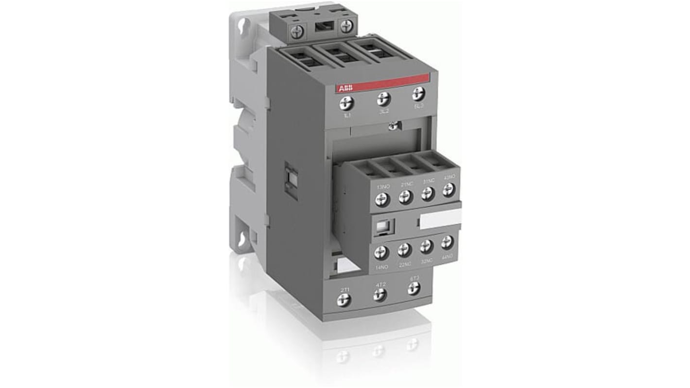 Contattore ABB 1SBL387001R1422 per controllo motori, 3 poli, 105 A, 30 kW, tensione 500 V, grado di protezione IP20.
