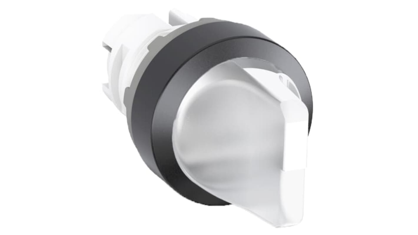 Selettore ABB M2SS2-11C a 2 posizioni, illuminato, con grado di protezione IP66 e attuatore a impugnatura corta.