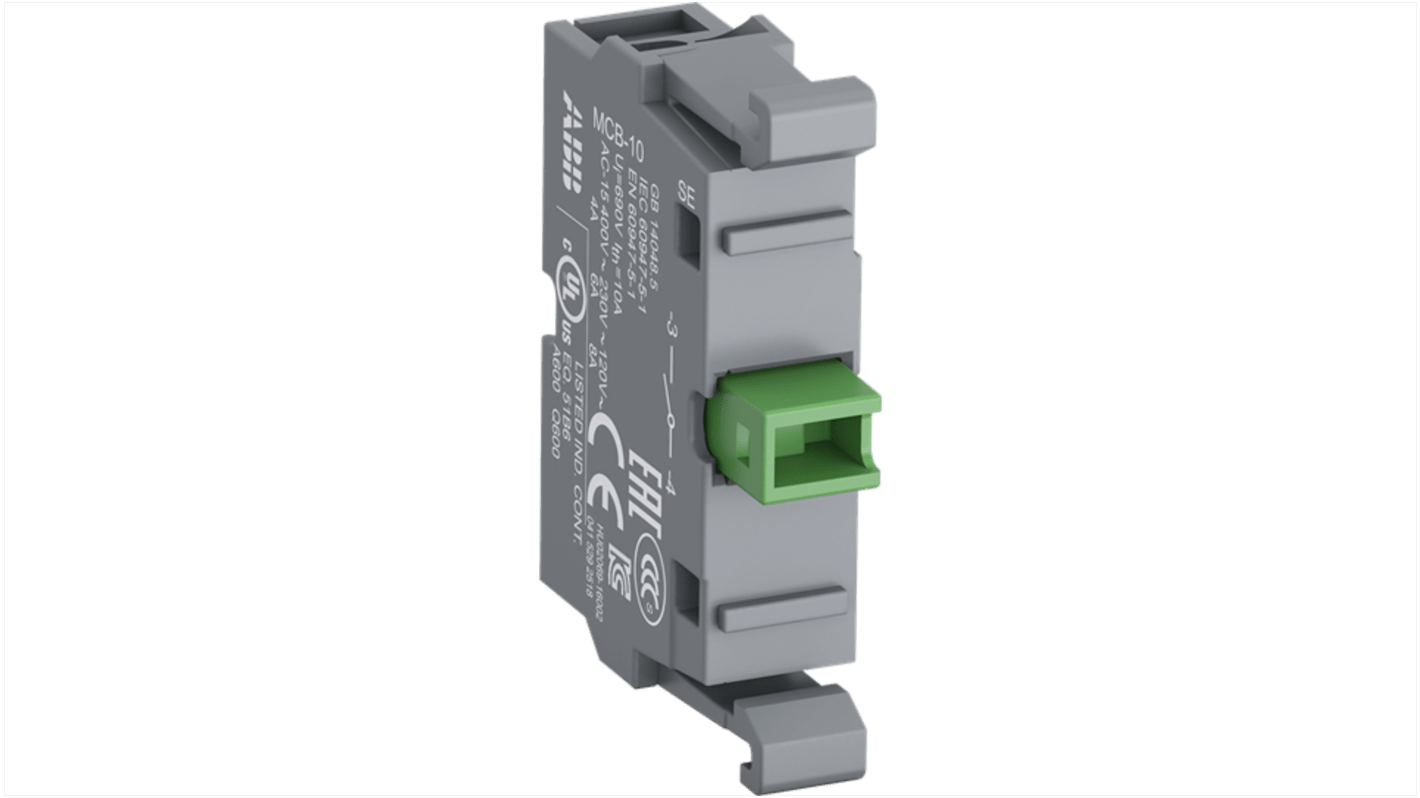 ABB MCB-10G, blocco contatti modulare 1 N/A, tensione 230 V, montaggio anteriore, morsetti IP20. Codice 1SFA611610R1101.