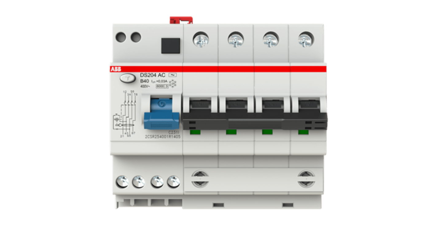 Interruttore automatico ABB 2CSR254001R1405, 4 poli, 40A, 400V, protezione da sovraccarico e corto circuito.