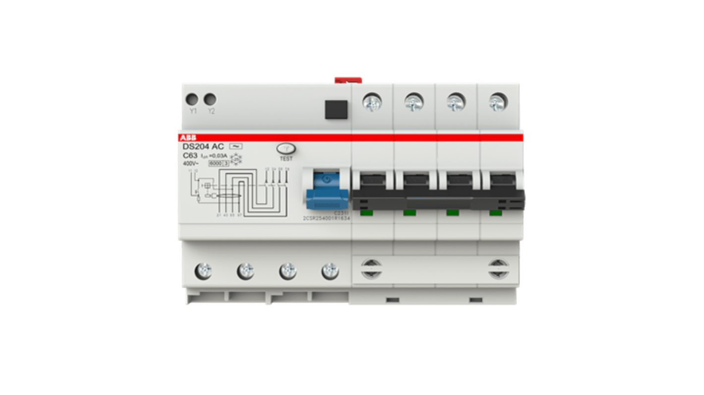 Interruttore automatico ABB 2CSR254001R1634, 4 poli, 63 A, 400 V, protezione da sovraccarico e corto circuito.