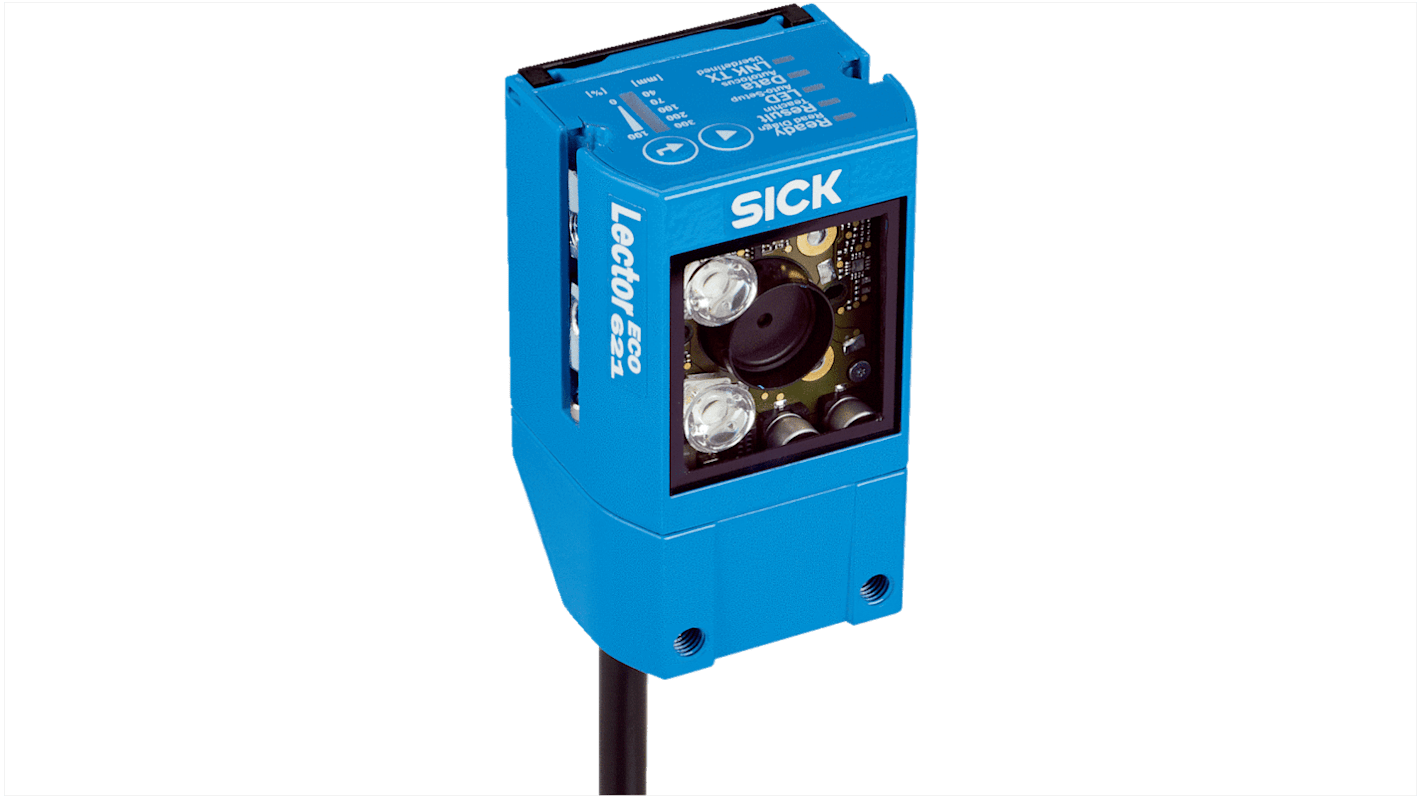 Lettore codici a barre Sick V2D621R-2MRLBE5, compatto, distanza di lettura 9.6 mm, alimentazione 12-24 V, dimensioni 71 x 43 x 35.6 mm.