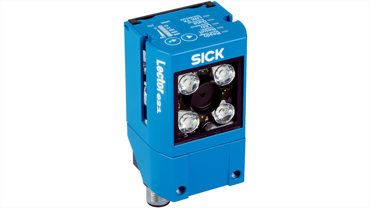 Lettore codici a barre Sick V2D621R-2MSFFB5, compatto, distanza di lettura 17.1 mm, alimentazione 12-24 V, dimensioni 71 x 43 x 35.6 mm.