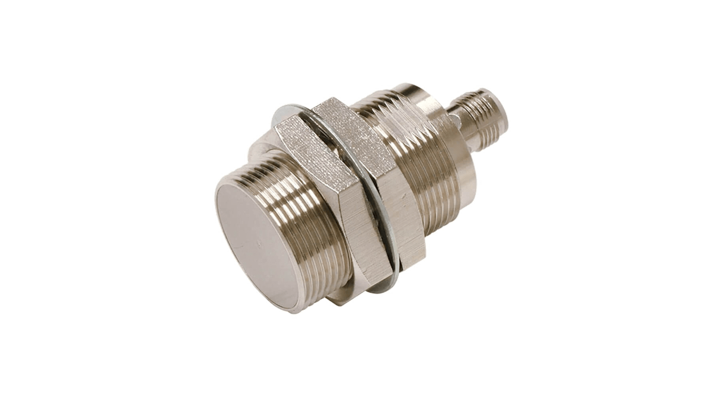 Sensore di prossimità induttivo cilindrico Omron E2E-X15B230-M1, corpo in ottone, filettatura M30 x 1.5, distanza di rilevamento 15 mm, connettore M12.