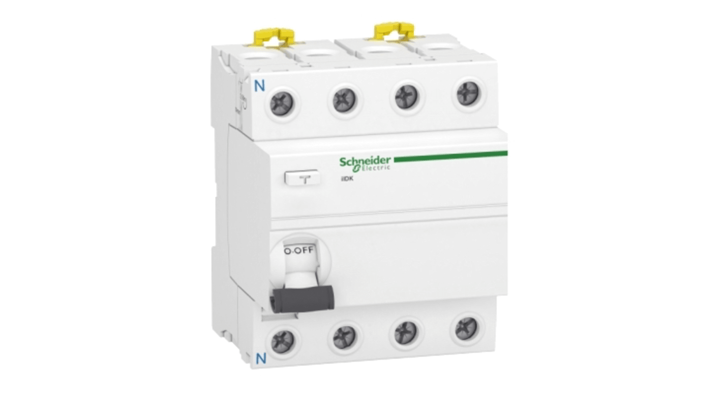 Interruttore automatico RCCB Schneider Electric, 4 poli, 25A, 30mA tipo AC, montaggio su guida DIN, tensione 380-415V.
