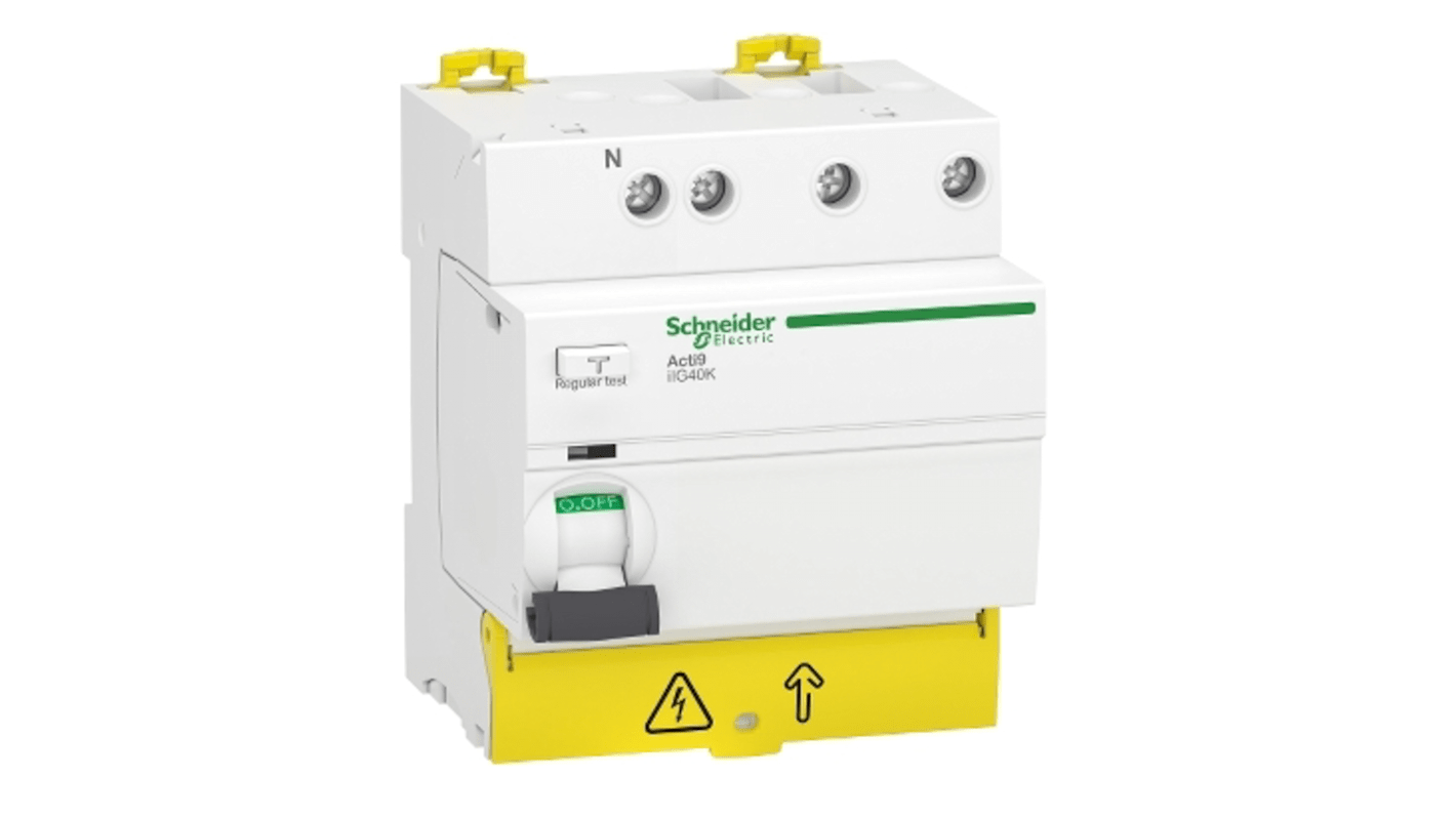 Interruttore RCCB Schneider Electric A9R69740, 3 poli + neutro, 40A, 30mA, montaggio su guida DIN, conforme a EN/IEC 61008-1.