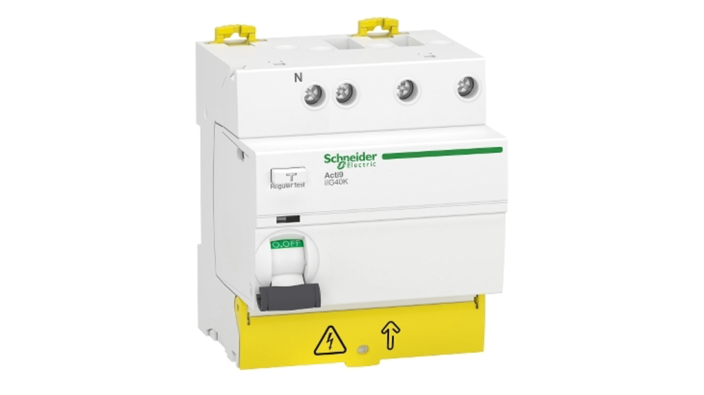 Interruttore automatico RCCB Schneider Electric A9R79740, 3 poli + neutro, 40A, 300mA, montaggio su guida DIN.