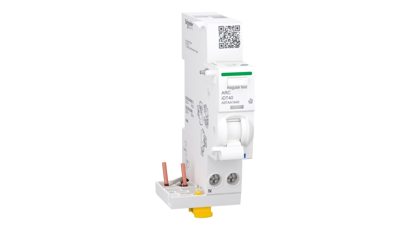 Schneider Electric A9TAA1640, modulo di rilevamento guasti ad arco 1P + N, 40A, montaggio a clip, temperatura operativa -25 a 60 °C.