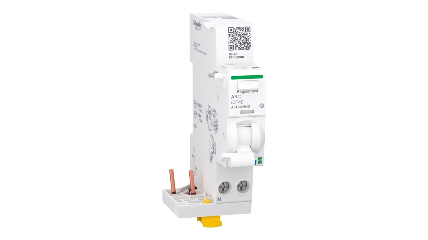 Schneider Electric A9TAA2640, modulo di rilevamento guasti ad arco 1P + N, 40A, montaggio a clip, temperatura operativa -25 a 60 °C.