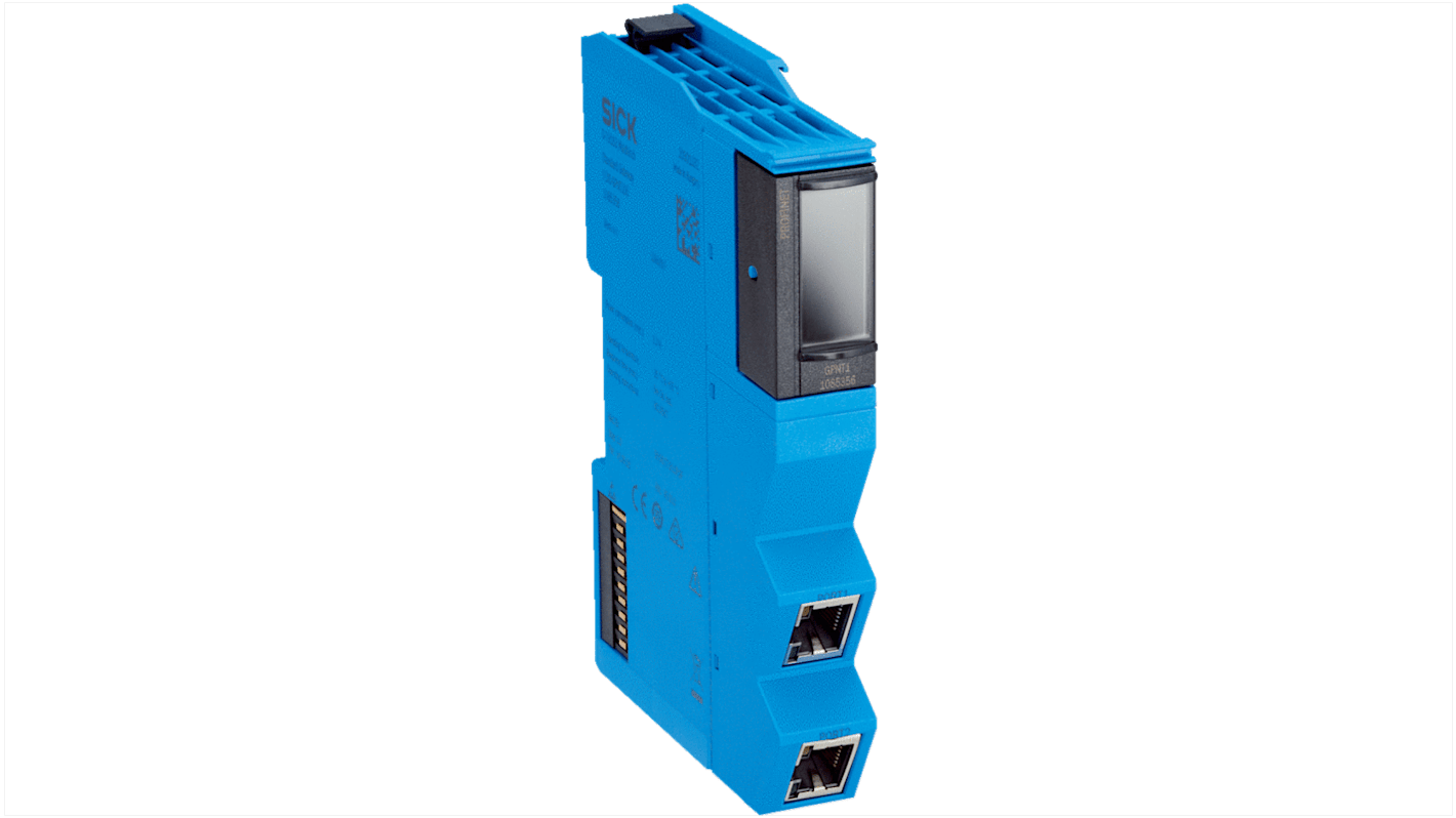 Gateway PROFINET Sick FLX0-GPNT100, design compatto 18 x 90,3 x 124,7 mm, montaggio su guida DIN, alimentazione 24 V.