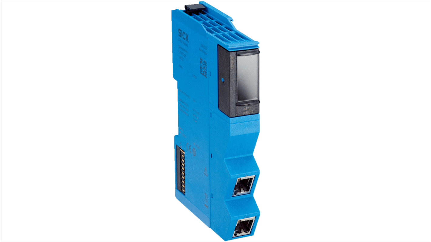 Gateway EtherCAT Sick FLX0-GETC100, compatibile con FLX3-CPUC100/200, montaggio su guida DIN, dimensioni 18 x 90,3 x 124,7 mm.