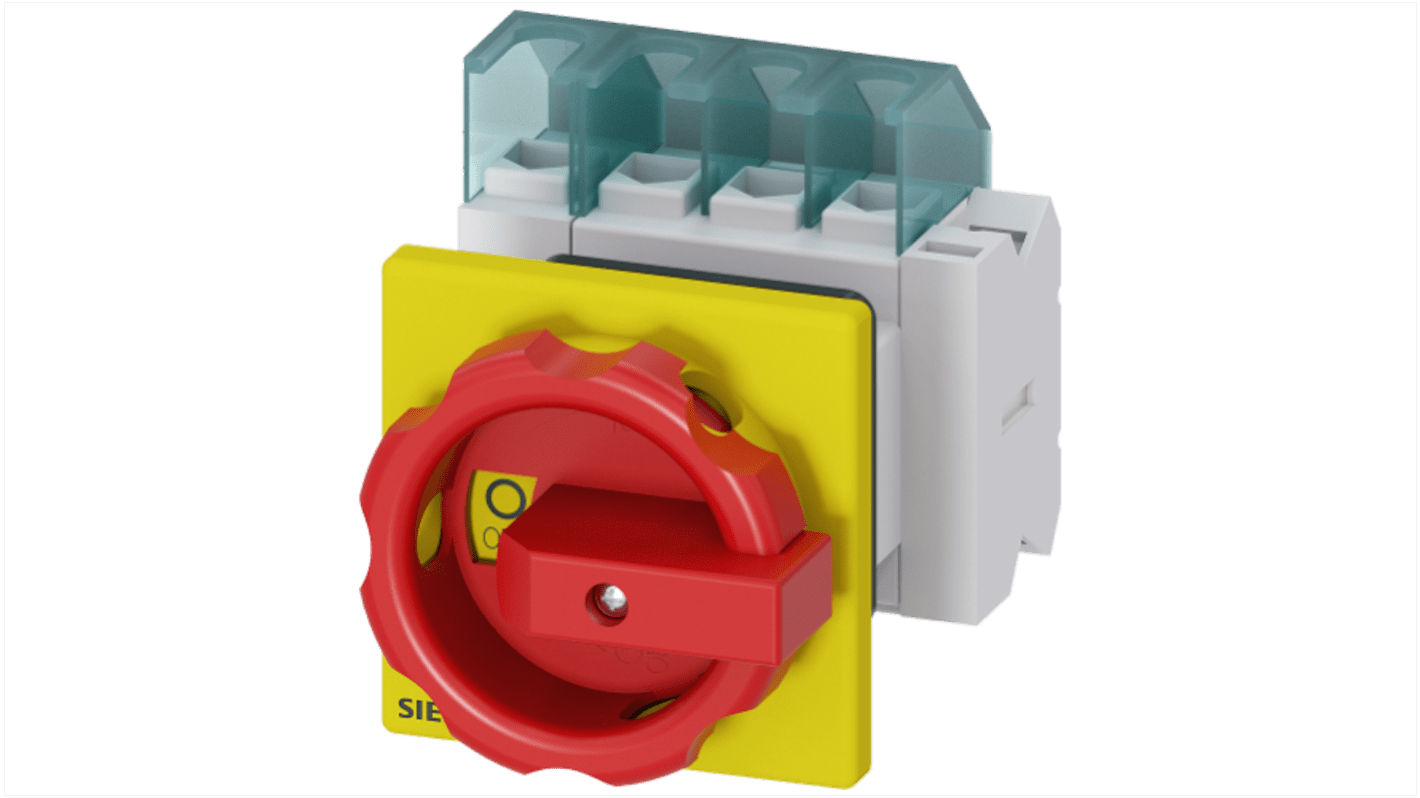 Interruttore sezionatore Siemens 25A 4 poli, montaggio a pannello, grado di protezione IP65, manopola rotante corta.