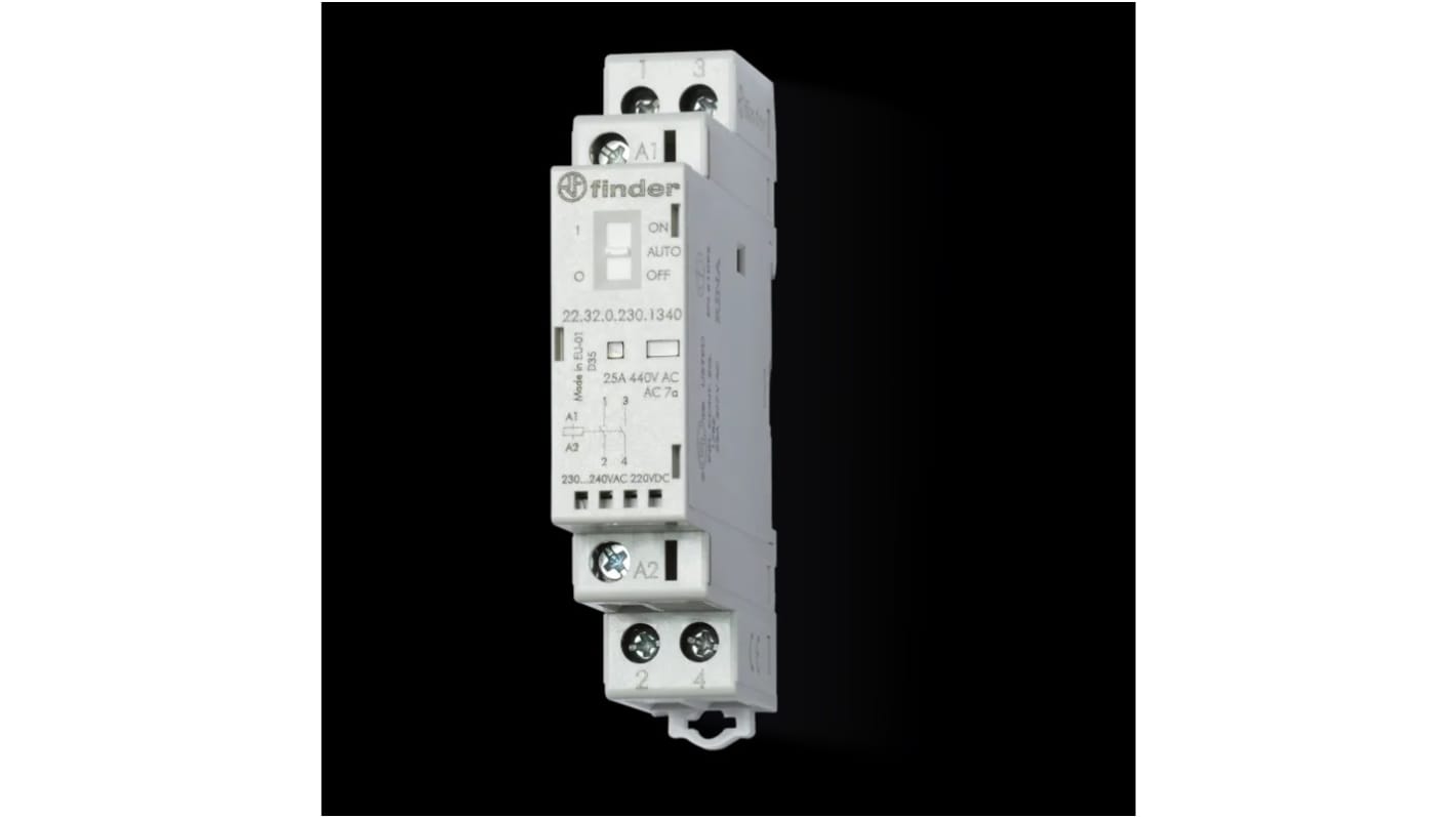 Finder 223200241320, contattore 2 poli DPNO 25 A, tensione 24 VDC, montaggio su guida DIN 35 mm, dimensioni 17,5 x 60,8 x 84 mm.
