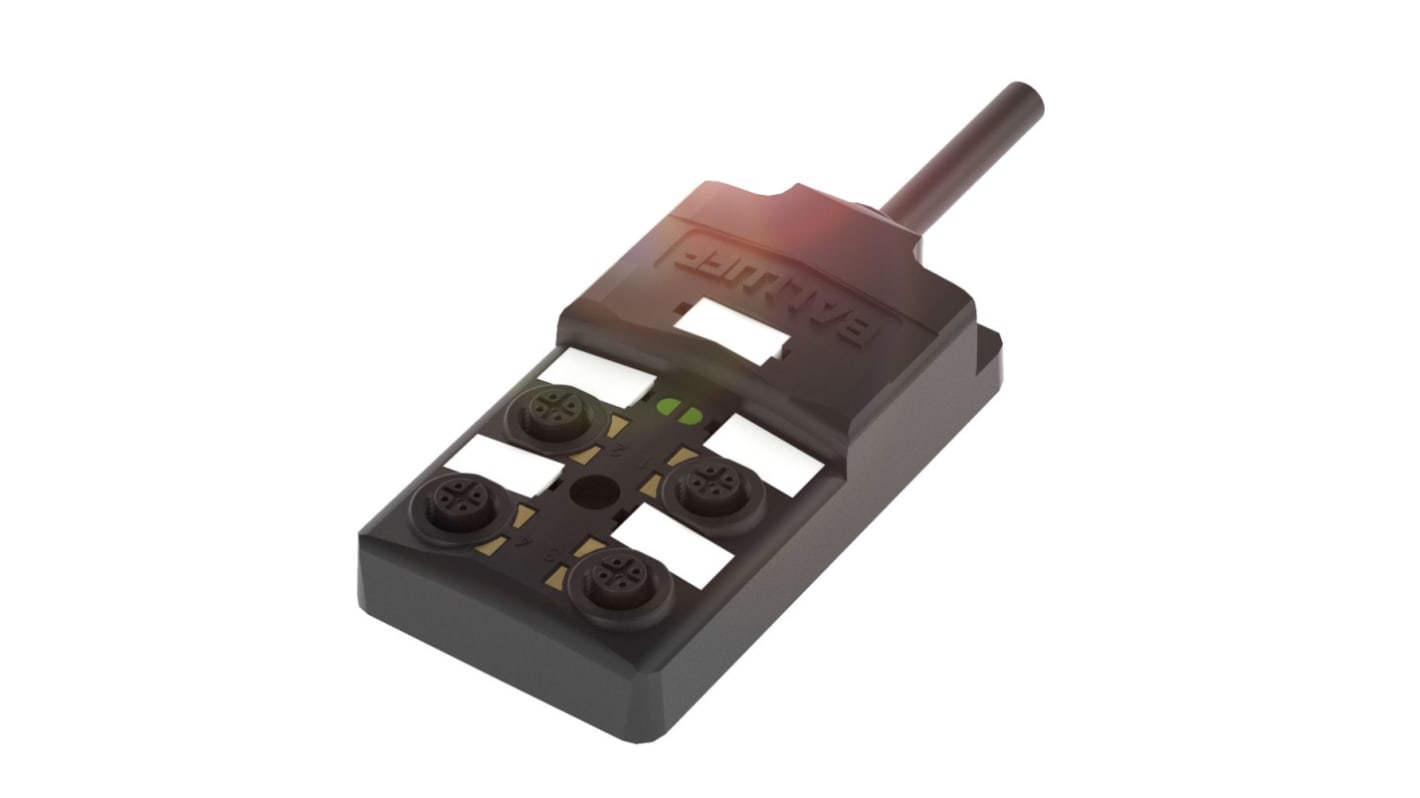 Scatola sensore BALLUFF BPI009W con 4 porte M12, IP67, cavo PUR nero 5 m, indicatori LED, design robusto.