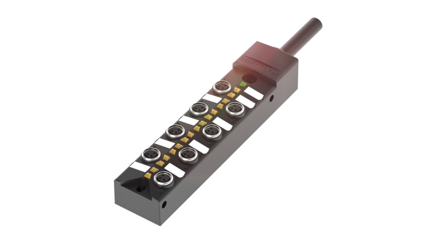 BALLUFF BPI00CM, scatola sensore 8 porte M8, connettore 3-pin, IP67, cavo PUR 5 m, indicatore LED verde e giallo.