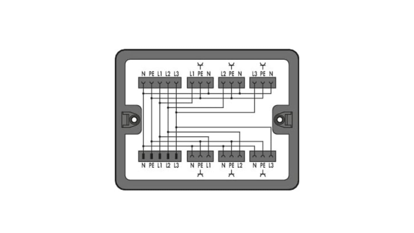 Scheda di distribuzione trifase Wago 899-631/100-000, 7 vie, corrente massima 25 A, installazione rapida e sicura.