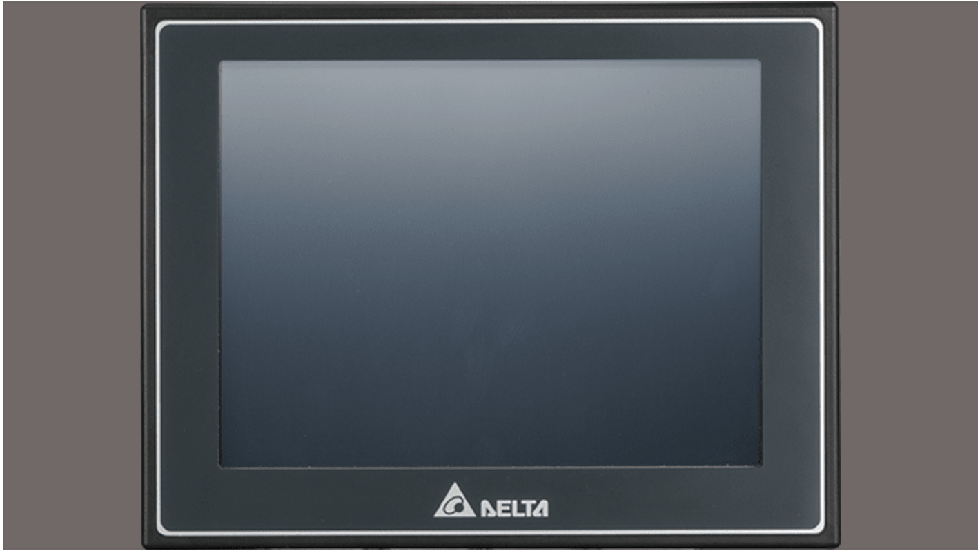 Delta Electronics DOP-107EG, display HMI touch screen 7" con risoluzione 800x600 e porte COM, connessione Ethernet.