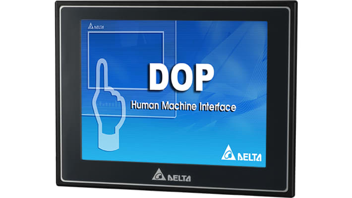 Delta Electronics DOP-107EG, display HMI touch screen 7" con risoluzione 800x600 e porte COM, connessione Ethernet.