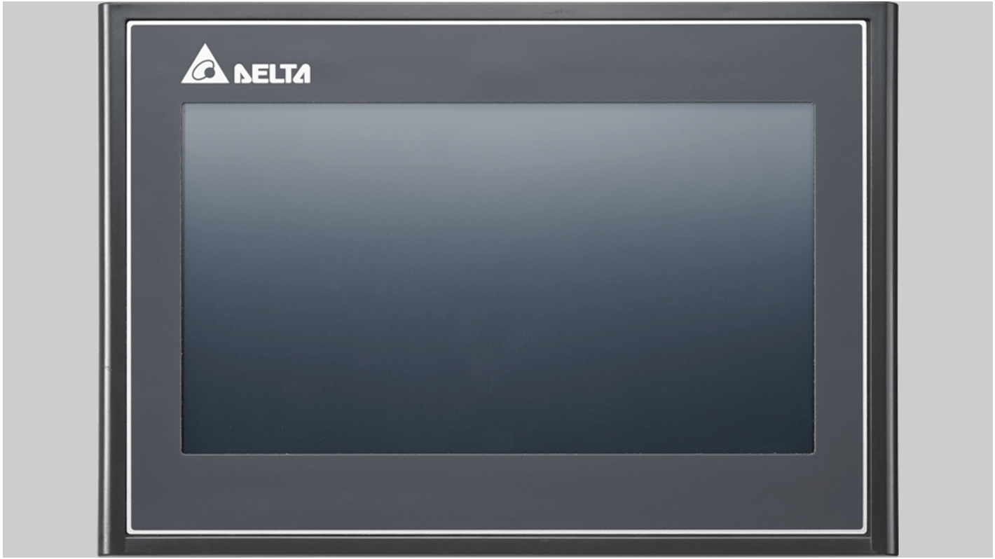 Delta Electronics DOP-107WV, display HMI touch screen 7", risoluzione 800x480, interfaccia Ethernet, design compatto.