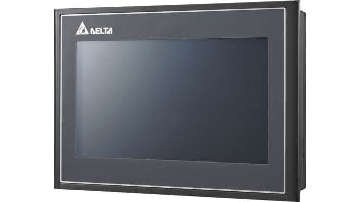 Delta Electronics DOP-107WV, display HMI touch screen 7", risoluzione 800x480, interfaccia Ethernet, design compatto.