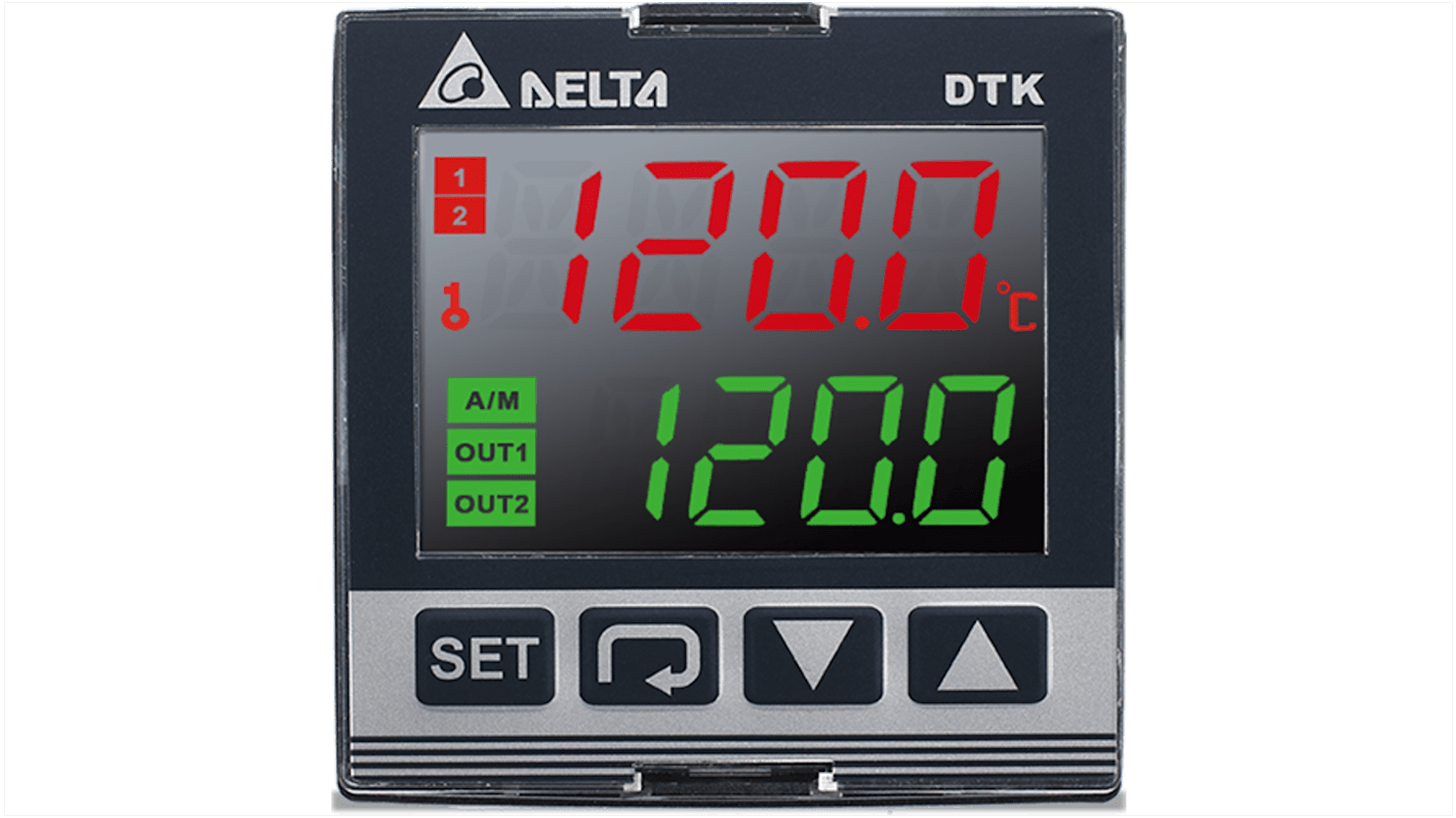 Termoregolatore PID Delta Electronics DTK4848V01, montaggio a pannello 48x48 mm, tensione 100-240 V, display LCD, due uscite.