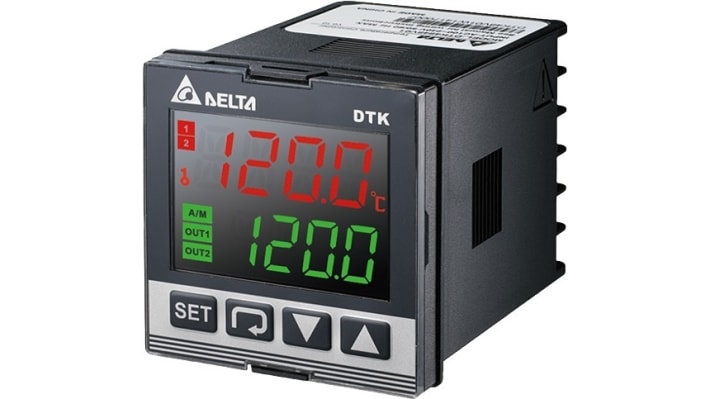 Termoregolatore PID Delta Electronics DTK4848V01, montaggio a pannello 48x48 mm, tensione 100-240 V, display LCD, due uscite.