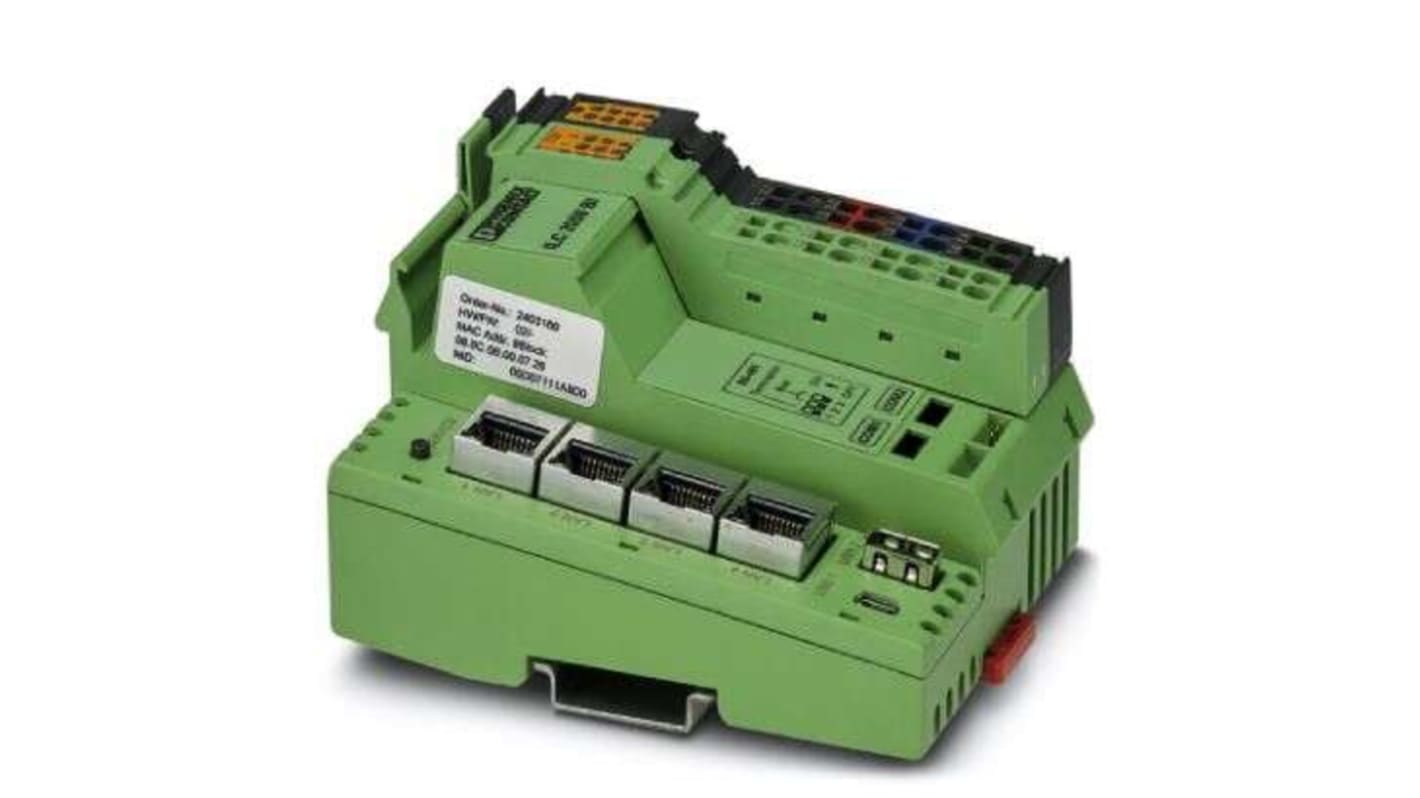 Modulo I/O Phoenix Contact 2403160 per automazione industriale, 4 porte Ethernet RJ45, dimensioni 80 x 119,8 x 71,5 mm.