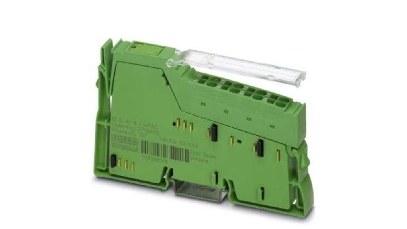 Terminale analogico Phoenix Contact 2700458, serie IB IL AI 4/I-PAC, ingresso verde, 2 conduttori, dimensioni 4,71 x 0,48 x 2,81 pollici.
