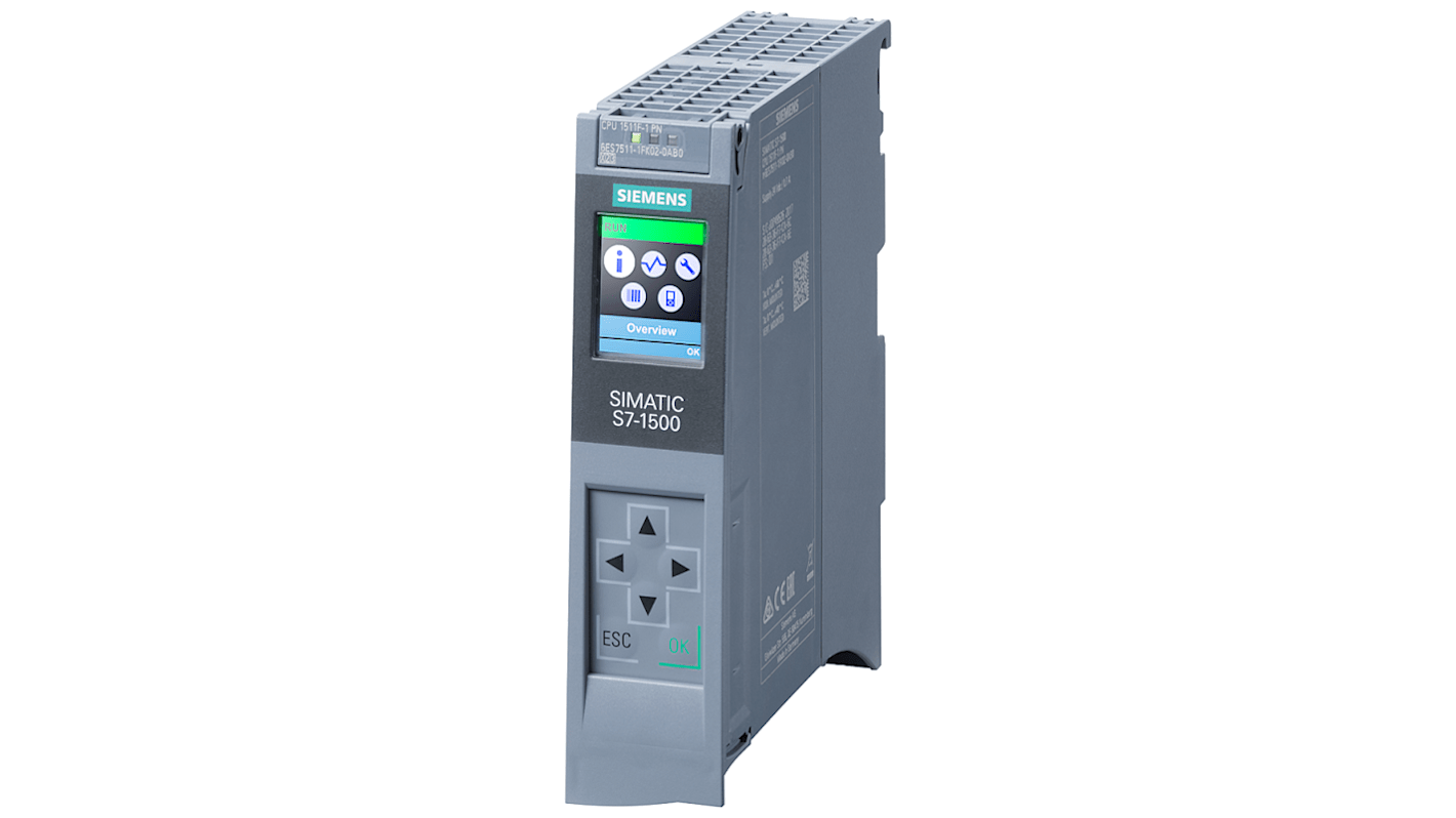 CPU PLC Siemens 6AG1511-1FK02-2AB0, unità SIPLUS S7-1500, 20 I/O digitali, 24 V c.c., dimensioni 35 x 129 x 147 mm.