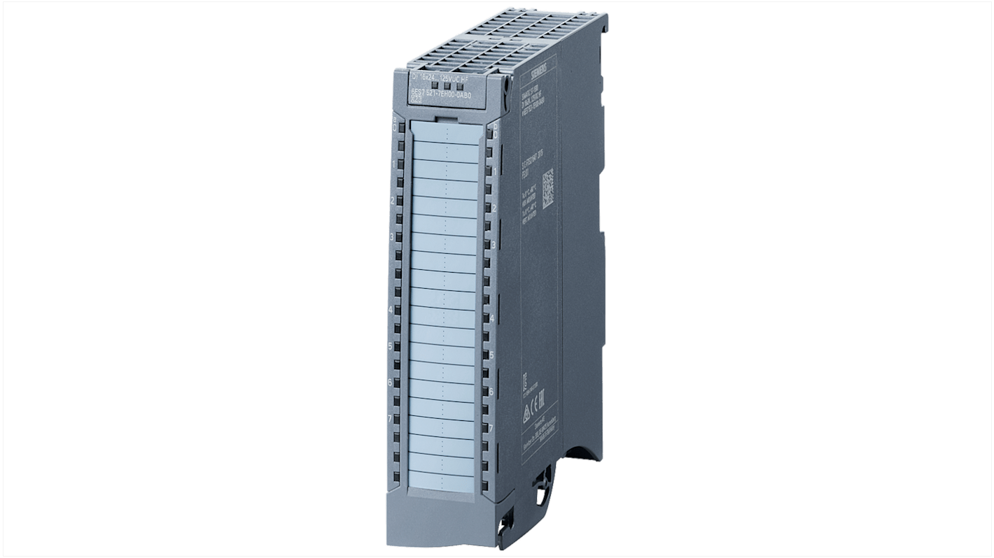 Modulo di ingresso digitale Siemens 6AG1521-7EH00-7AB0 per S7-1500, 16 canali, diagnostica integrata, dimensioni 147 x 35 x 129 mm.