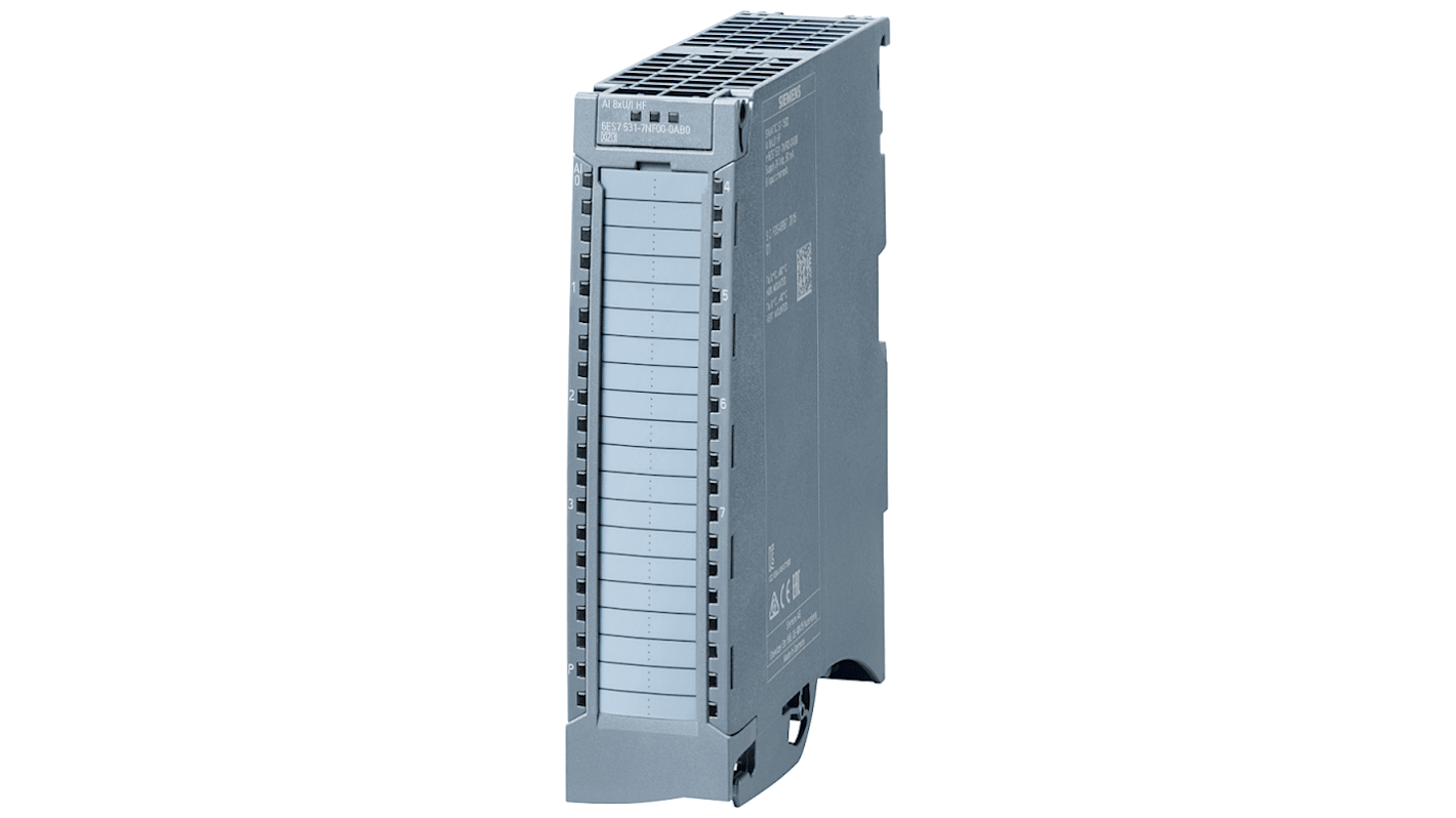 Modulo di ingresso analogico Siemens 6AG1531-7NF00, 8 ingressi, alimentazione 24V DC, dimensioni 147 x 35 x 129 mm.