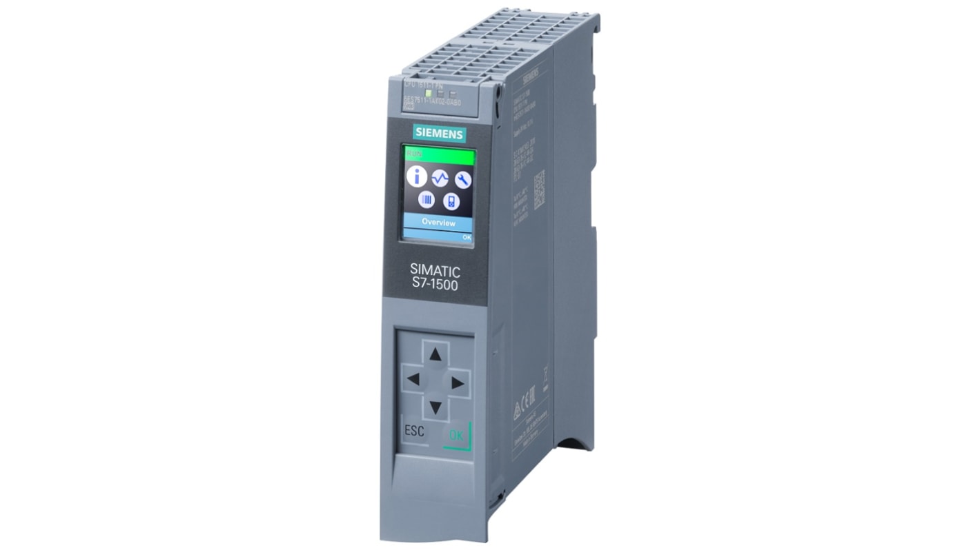 CPU PLC Siemens 6AG2511-1AK02-1AB0, serie SIPLUS S7-1500, 20 I/O, 24 V c.c., dimensioni 35 x 129 x 147 mm.