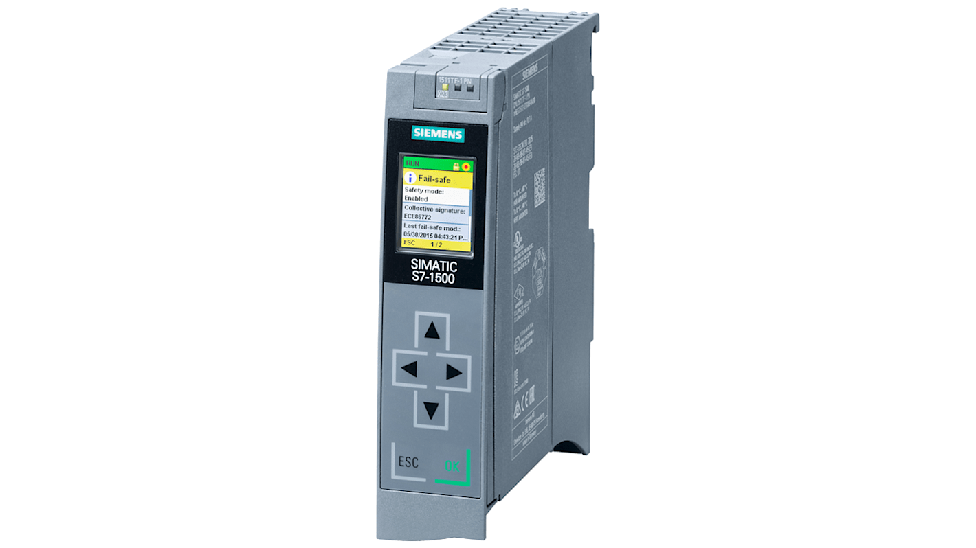 CPU PLC Siemens 6ES7511-1UK01-0AB0, controller fail-safe con 20 ingressi/uscite, dimensioni 35 x 129 x 147 mm.