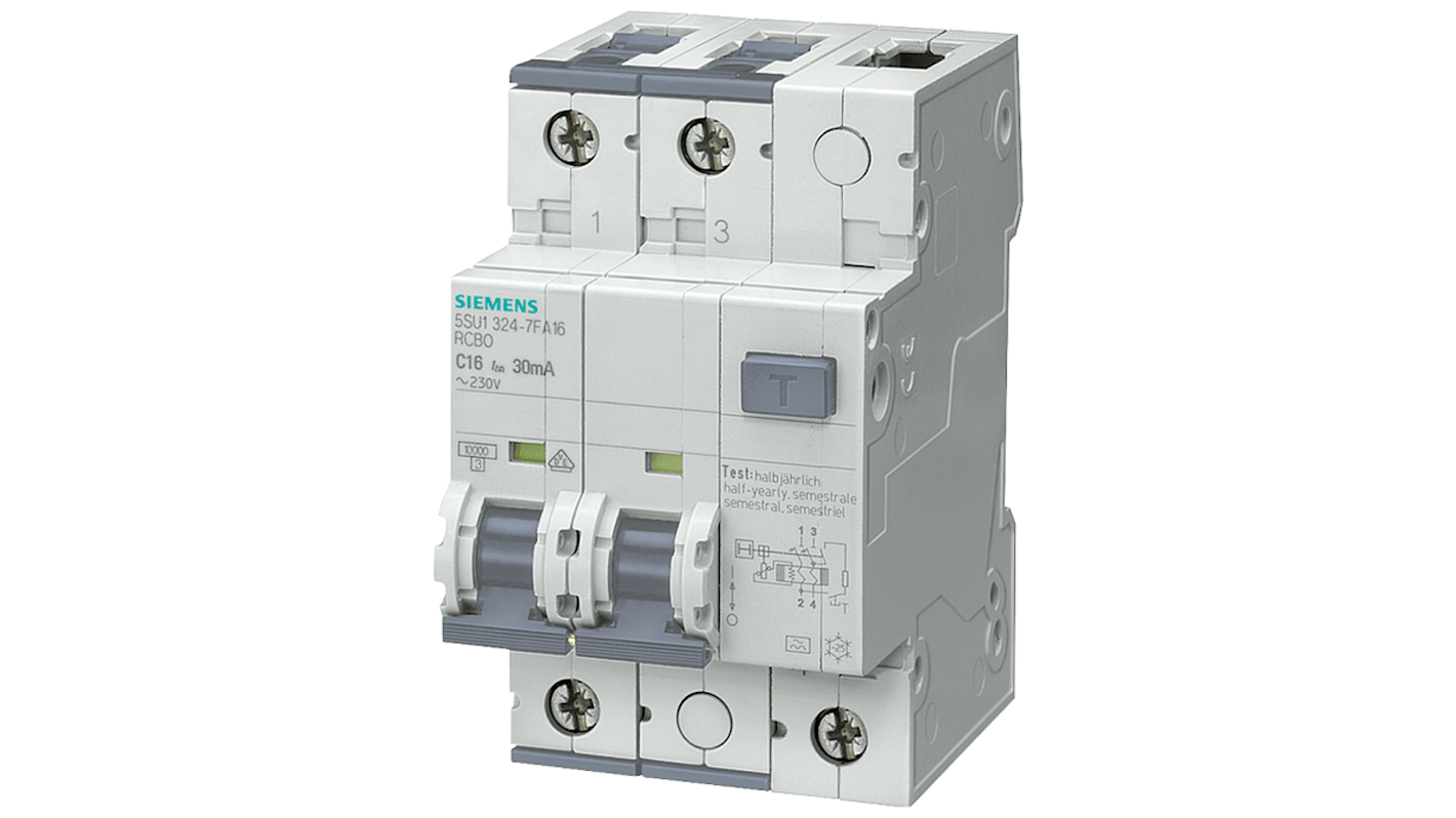 RCBO Siemens 5SU1324-6FA13 con interruzione 10 kA, 230V, sensibilità 30mA. Protezione IP20, corrente residua tipo A. Categoria sovratensione III, senza alogeni e silicone.