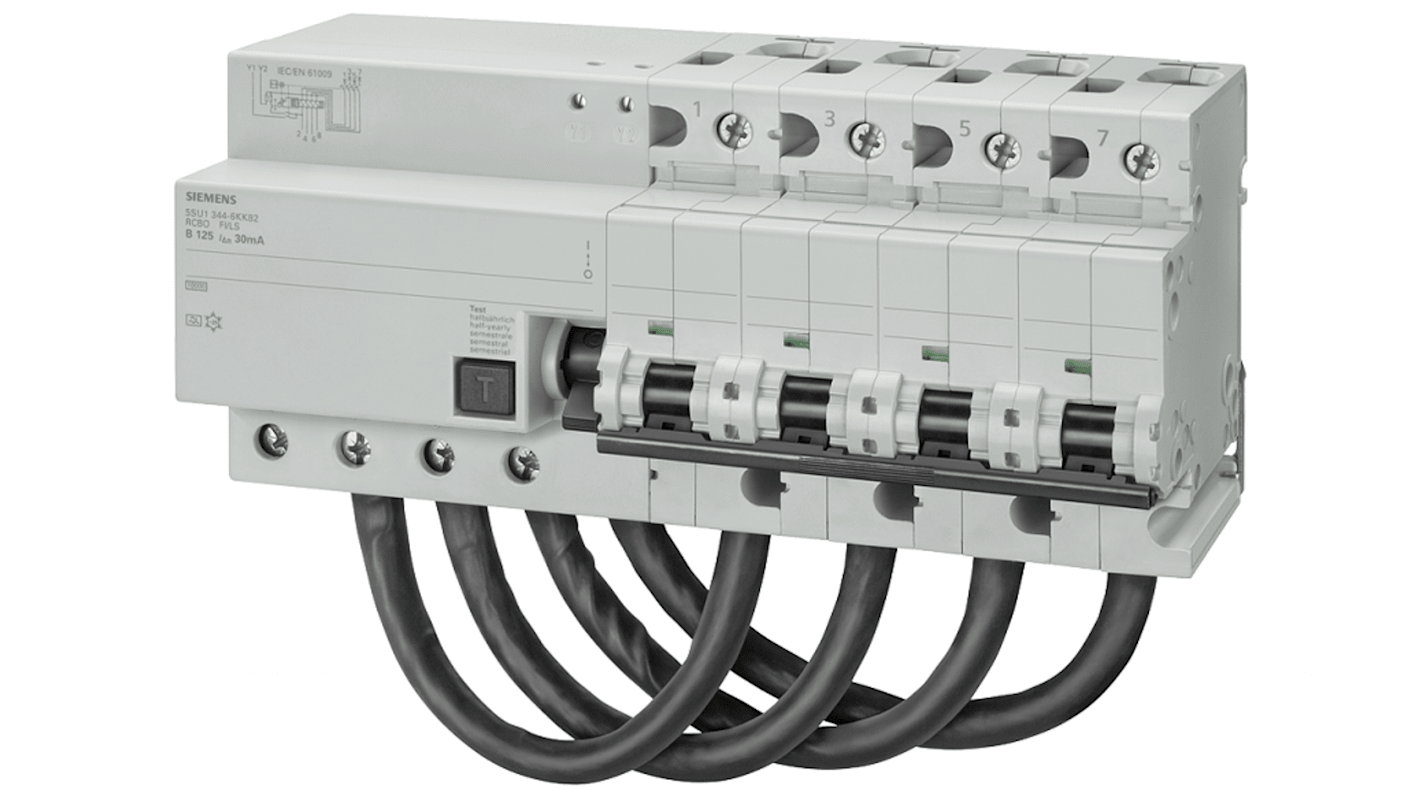 Interruttore automatico Siemens 5SU1644-7KK82, 4 poli, 125A, 300mA, 10 kA, 400 V, classe IP20, tipo C.