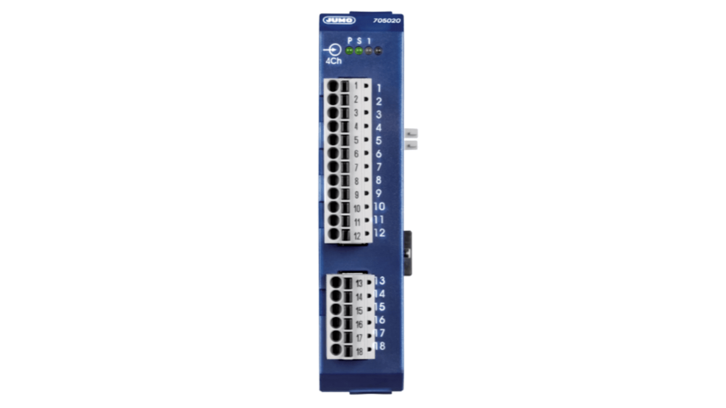 Modulo ingresso analogico Jumo 705020/36/000,000 per RTD e termocoppie, 4 canali, isolamento galvanico, dimensioni 0,88 x 4,07 x 3,99 poll.