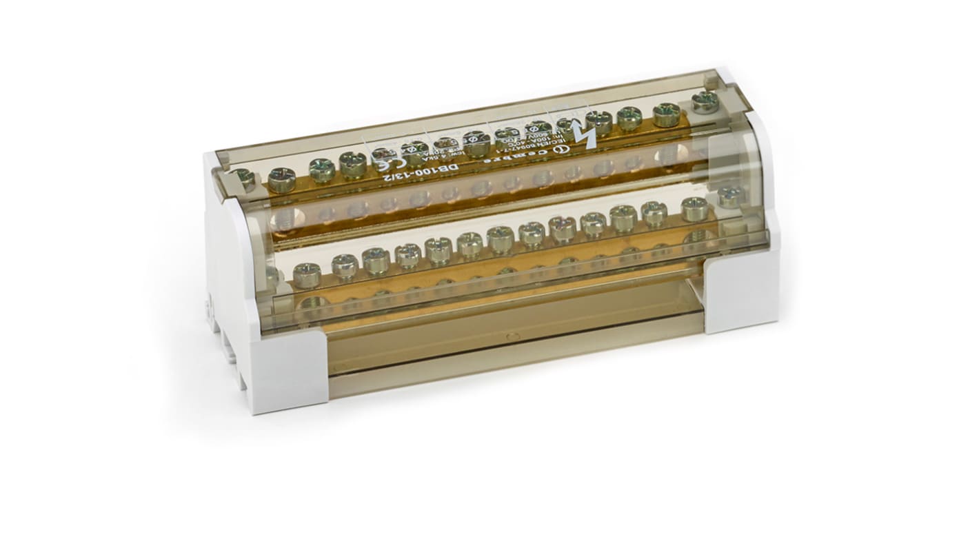 Blocco distributore bipolare Cembre DB100-13/2 con corpo PA6.6 e coperchio PC. 15 vie, corrente 100 A. Certificato EN 60947-7-1. Adatto per guida DIN.