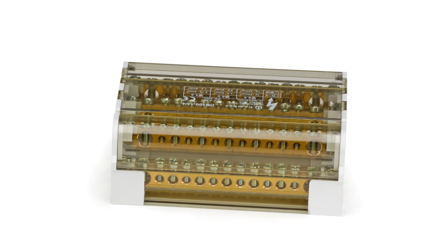 Blocco Distributore Tetrapolare Cembre DB100-13/4, 15 Vie 100A DIN 35mm EN 60947-7-1 - Corpo PA6.6, Poli Indipendenti, Barre Ottone