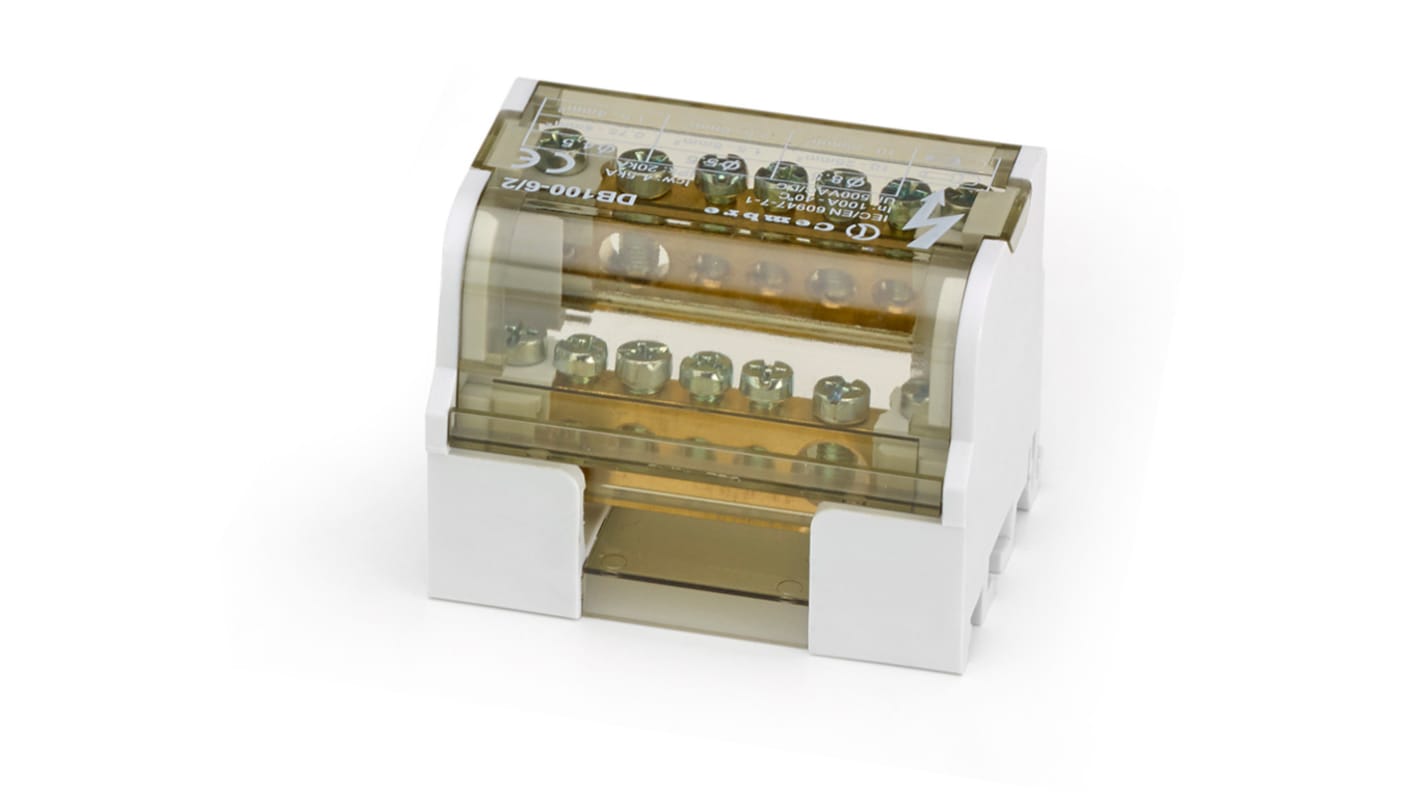 Blocco Distributore Bipolare 7 Vie Cembre DB100-6/2 con corpo in PA6.6 e poli indipendenti in ottone. Certificato CE, UKCA, RoHS. Ideale per guida DIN.