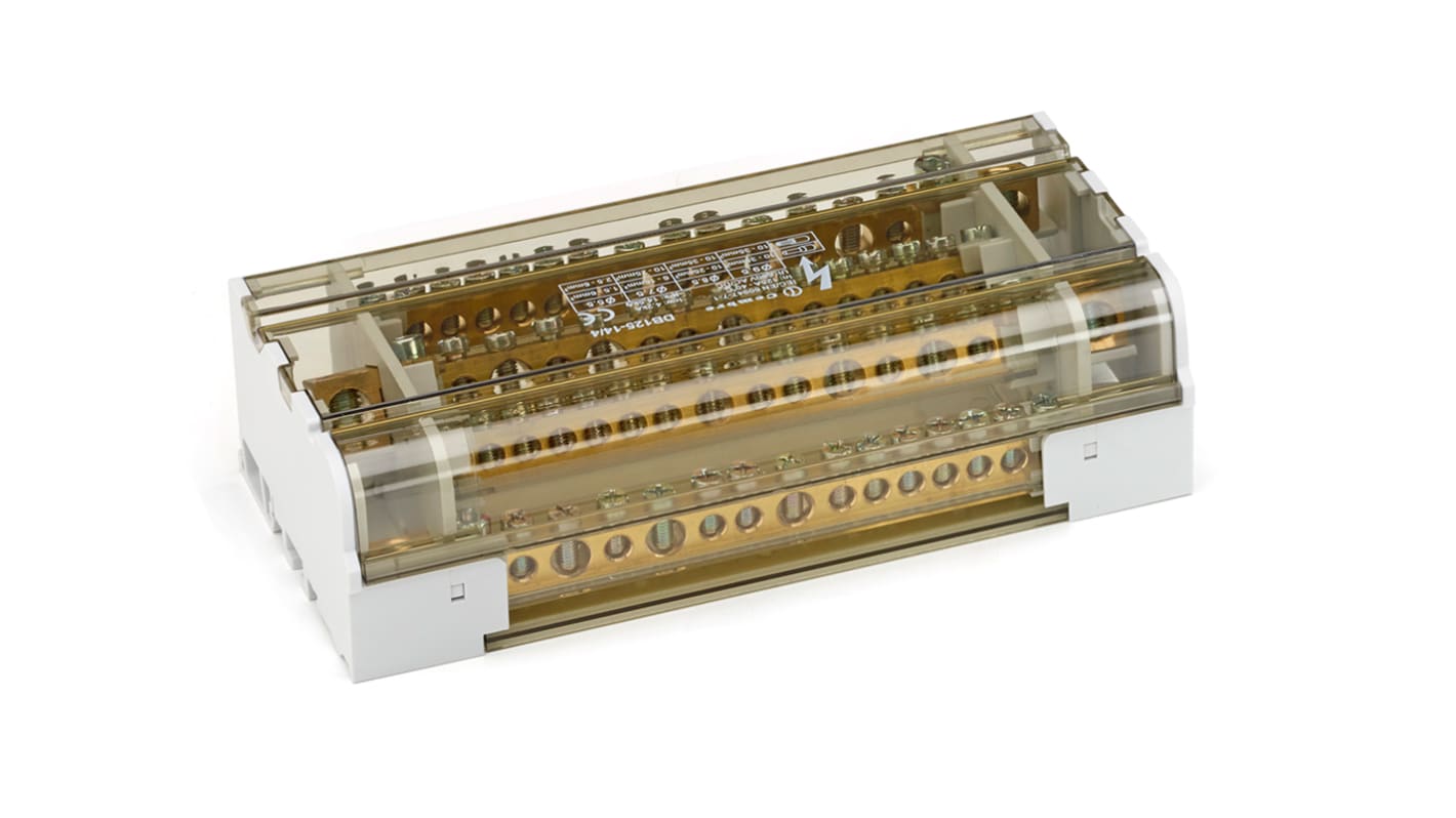 Blocco Distributore Tetrapolare Cembre DB125-14/4, 125A, 15 Vie, Corpo PA6.6, Coperchio PC. Guida DIN, Certificato EN 60947-7-1.