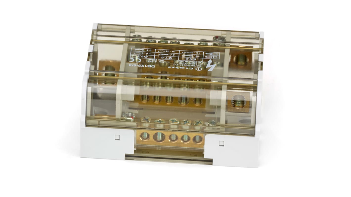 Blocco Distributore Tetrapolare Cembre DB125-6/4 con corpo PA6.6 e barre in ottone. Certificato EN 60947-7-1, 7 vie 125A, montaggio su guida DIN 35mm.