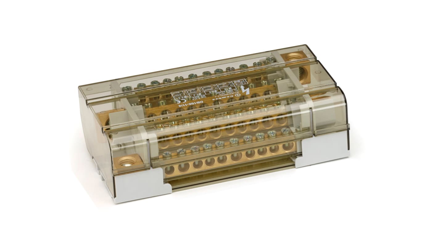 Blocco Distributore Tetrapolare Cembre DB160-11/4, 160A, 12 Vie, Corpo PA6.6 e Coperchio PC. Certificato CE, UKCA, RoHS. Ideale per guida DIN.