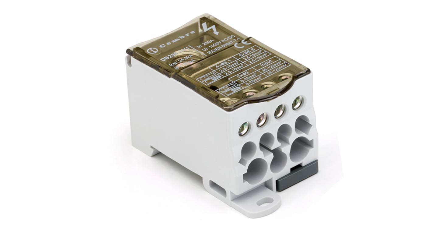 Blocco Distributore Unipolare Cembre DB250-11/1N, 12 Vie 250A IP20. Corpo PA6.6, certificato CE, RoHS, UKCA, UL. Ideale per installazioni sicure.