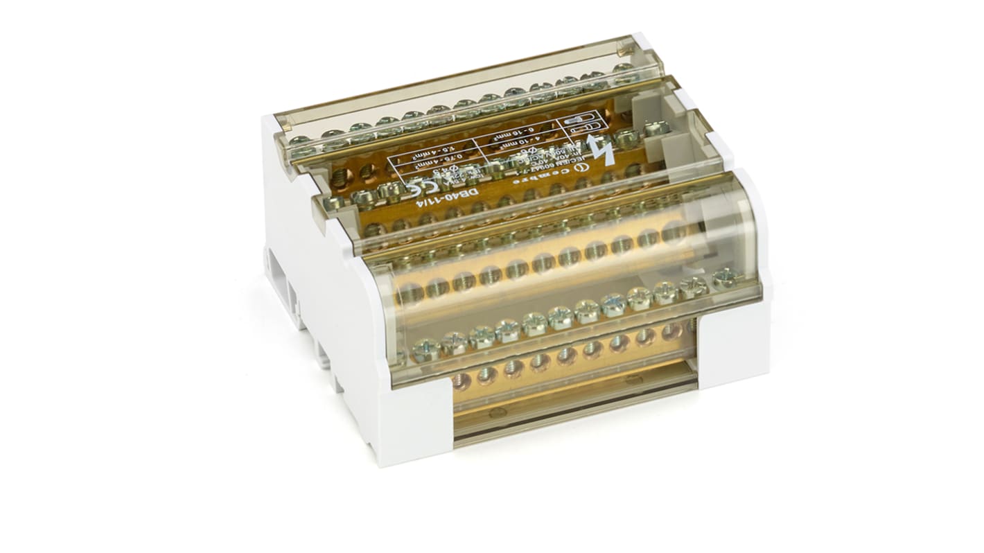 Blocco distributore tetrapolare Cembre DB40-11/4, corpo PA6.6, barre ottone, 13 vie, 40A, DIN 35mm. Certificato CE, UKCA, RoHS.
