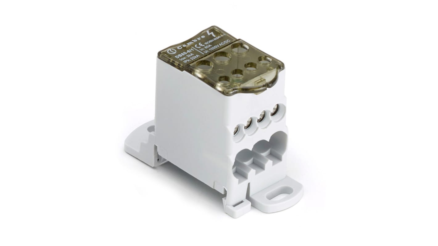 Blocco distributore unipolare Cembre DB80-6/1N con corpo PA6.6, 7 vie e corrente 80A. Certificato CE, RoHS, UKCA e UL. Adatto per pannelli e guida DIN.