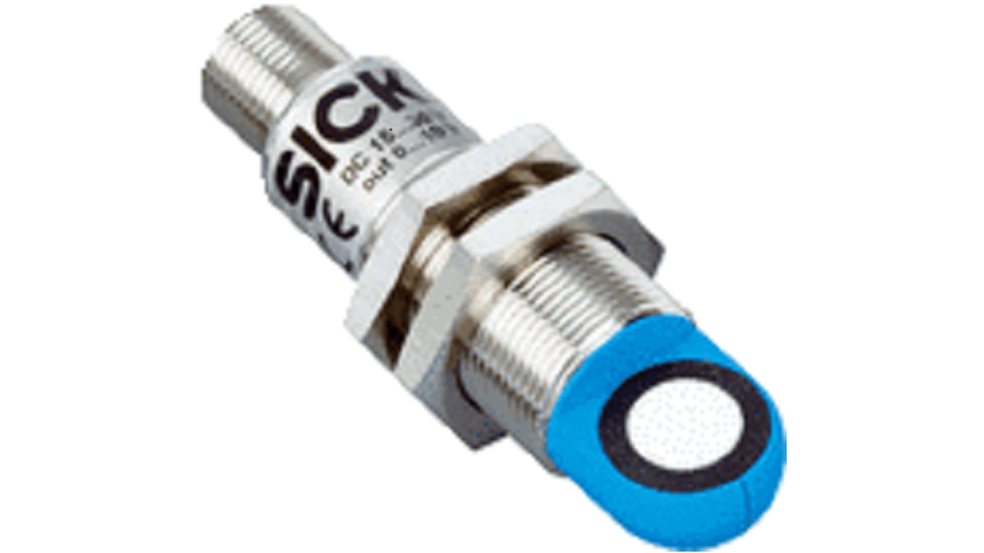 Sensore di prossimità a ultrasuoni cilindrico Sick UM18-21812B212, corpo in metallo, gamma di rilevamento 12-1000 mm, tensione 10-30 V.