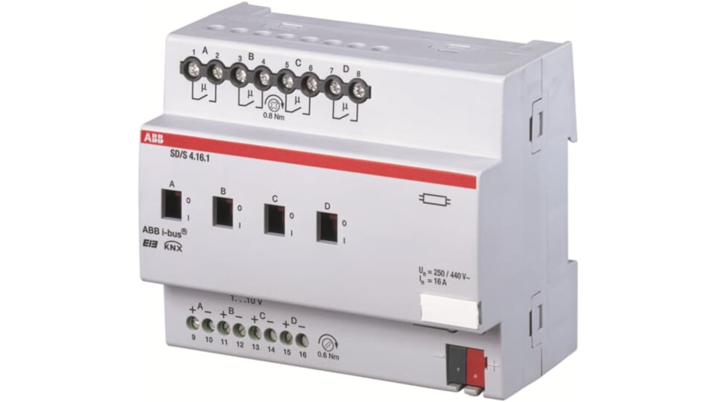 Modulo I/O ABB 2CDG110080R0011 per sistema bus KNX, attuatore MDRC, montaggio su guida DIN, dimensioni 3,54 x 2,83 x 2,53 pollici.