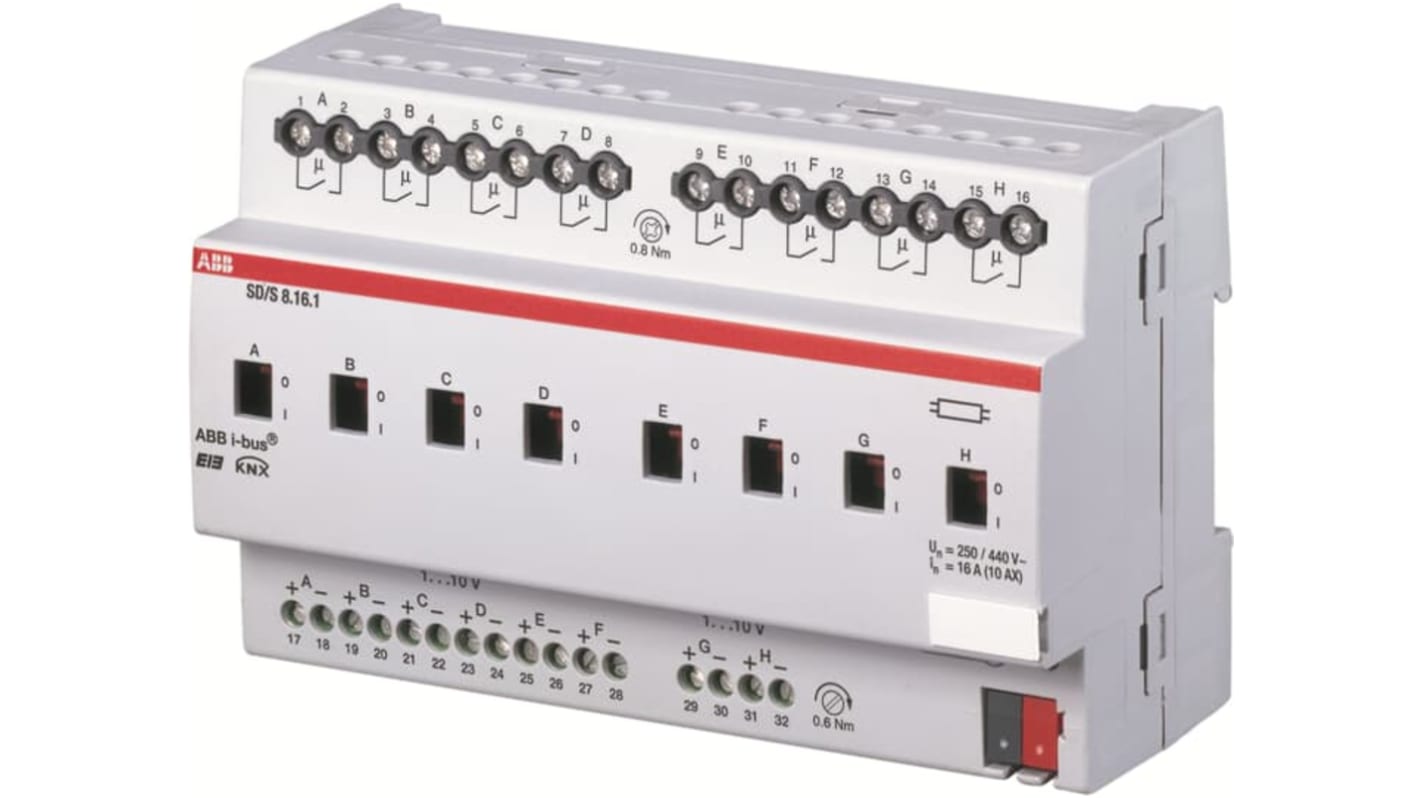 Modulo I/O ABB 2CDG110081R0011 per sistema bus KNX, attuatore per illuminazione, montaggio su guida DIN, dimensioni 90 x 72 x 64 mm.